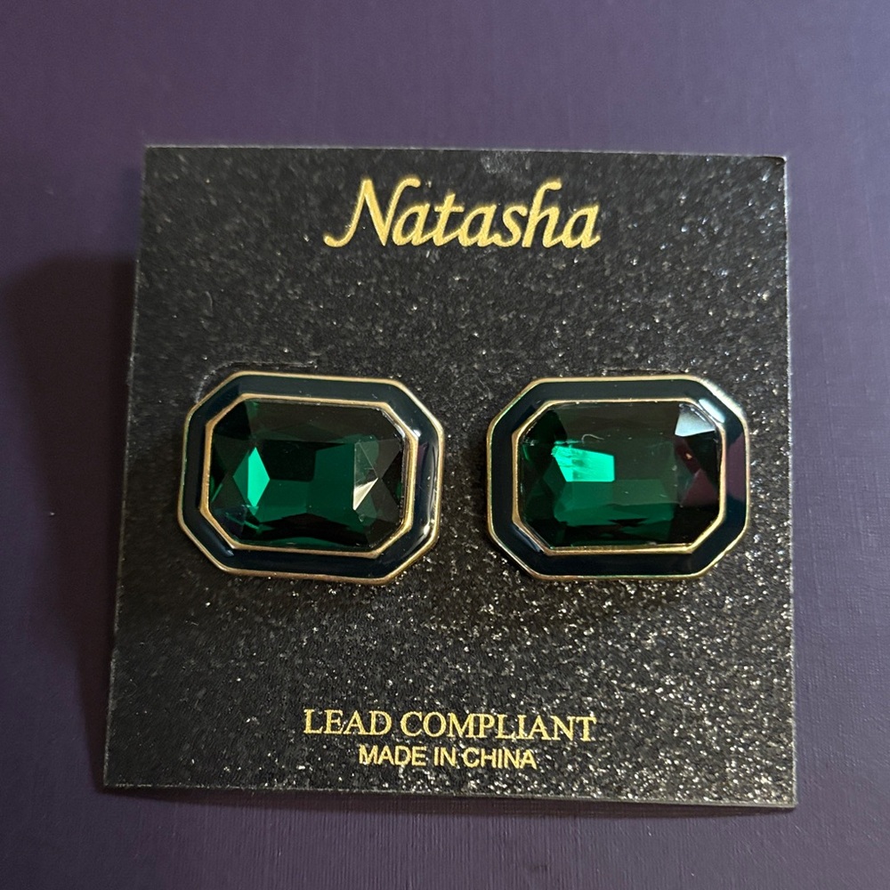 Natasha Emerald Green Statement Stud Earrings | Gold Tone